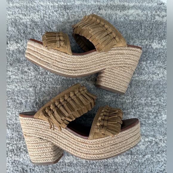 Tory Burch Fria Knotted-Fringe Espadrille Slide Suede Platform Sandals - Picture 4 of 9